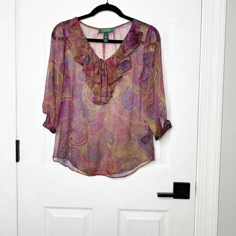 LAUREN RALPH LAUREN Petite‎ Small Burgundy Paisley Blouse Victorian